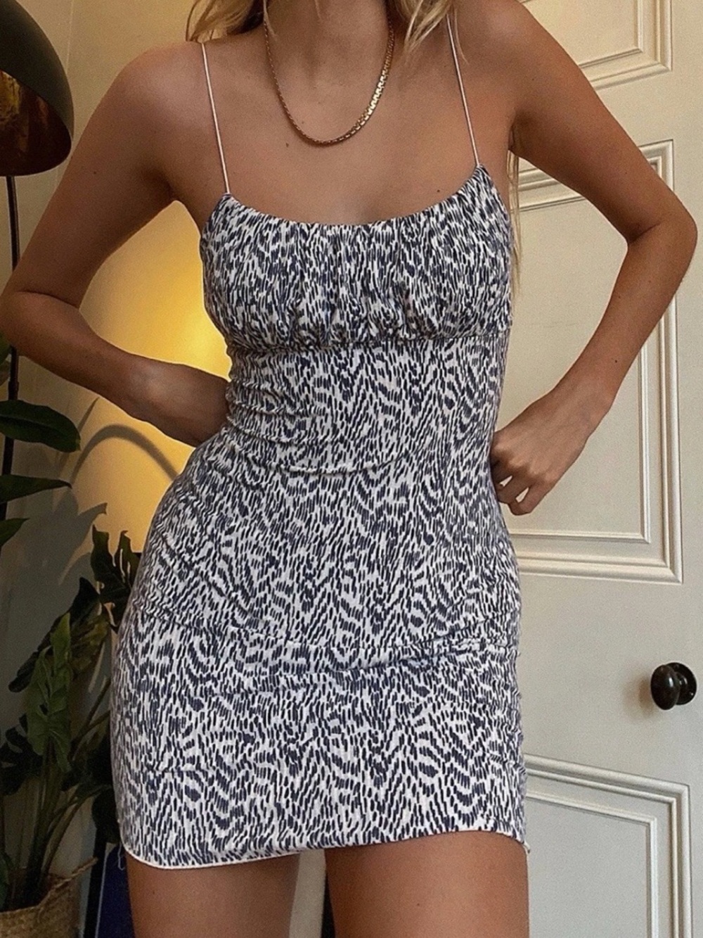 Urban Outfitters Y2K Bodycon Mini Dress Blue  White Abstract Spaghetti Straps XS